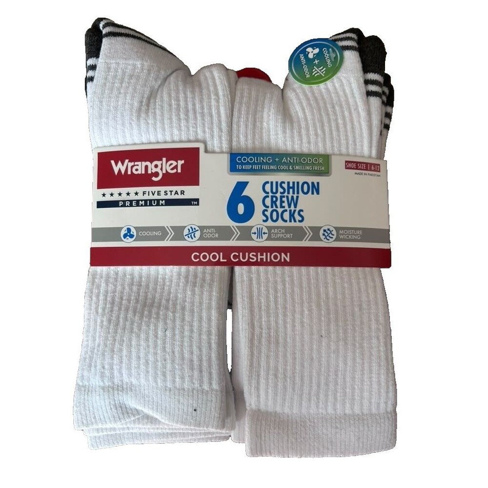 Wrangler Essential Cool Comfort Crew Socks for Men, Sock, 6-12, White 6 pack New
